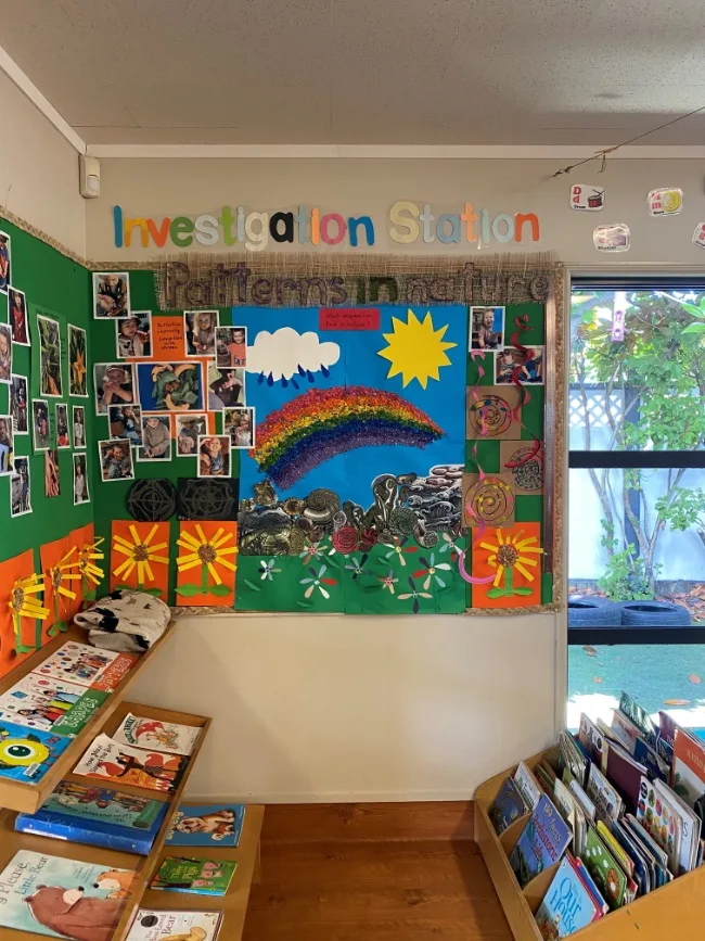 The book corner and investigation station with low shelving and picture books