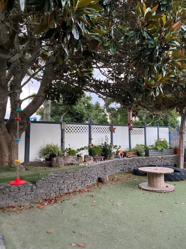 A large shade tree over the lawn and garden at the preschool