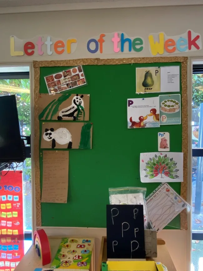 A letter of the week literacy display in the preschool room